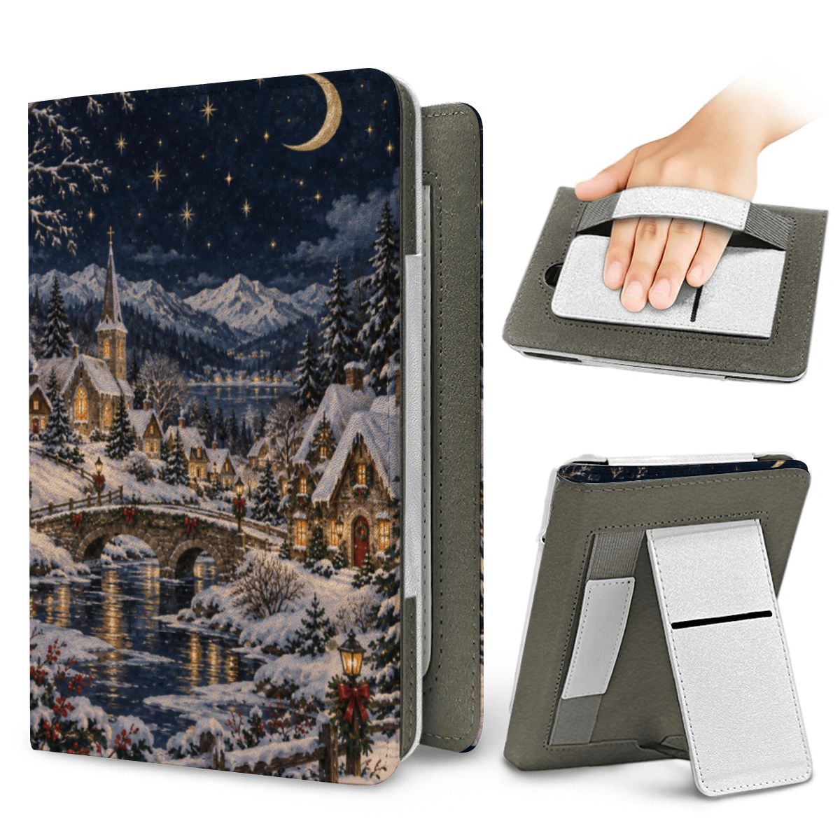 Christmas Village Kindle case — elastic hand strap and fold-out stand on the back