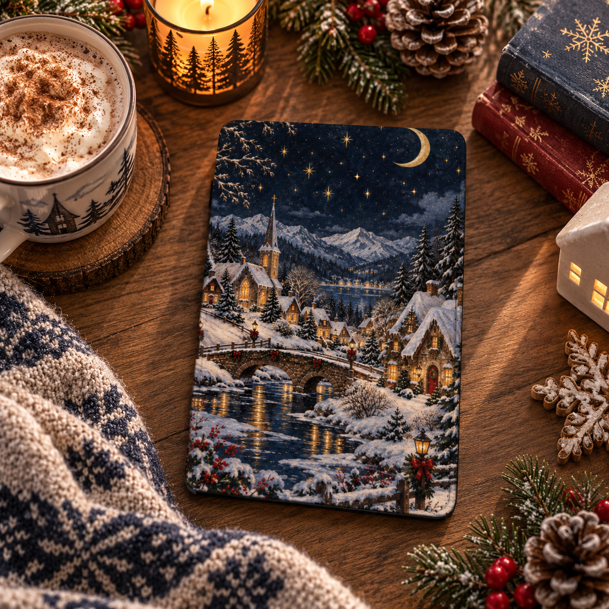 Christmas Village Kindle case — snowy night village on midnight blue, styled with cocoa, a candle and pine cones