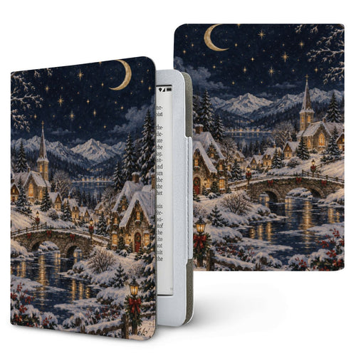 Christmas Village Kindle case — snowy village at night under a crescent moon, printed front and back