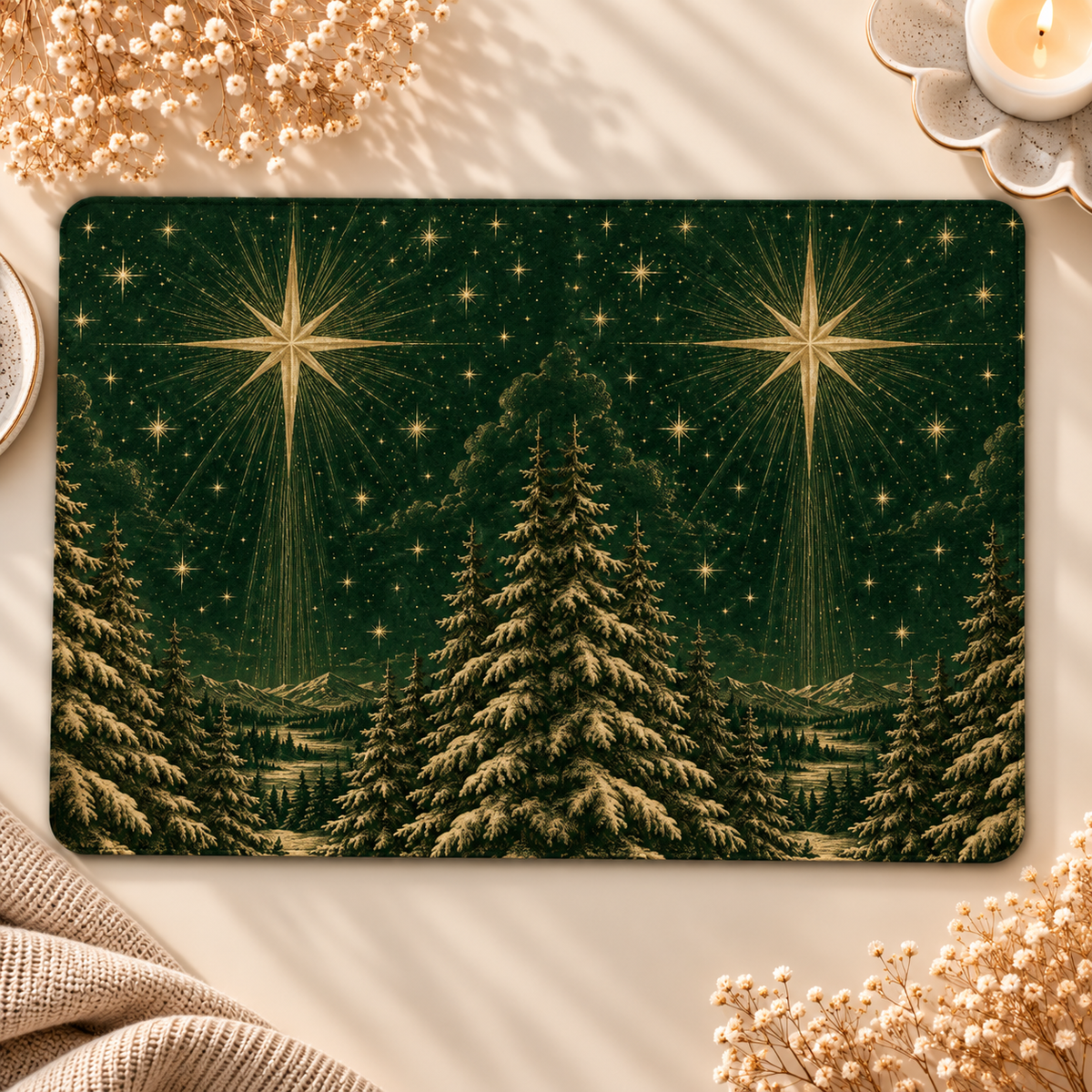 Christmas Star Kindle case opened flat, front and back — gold stars and pine forest on evergreen