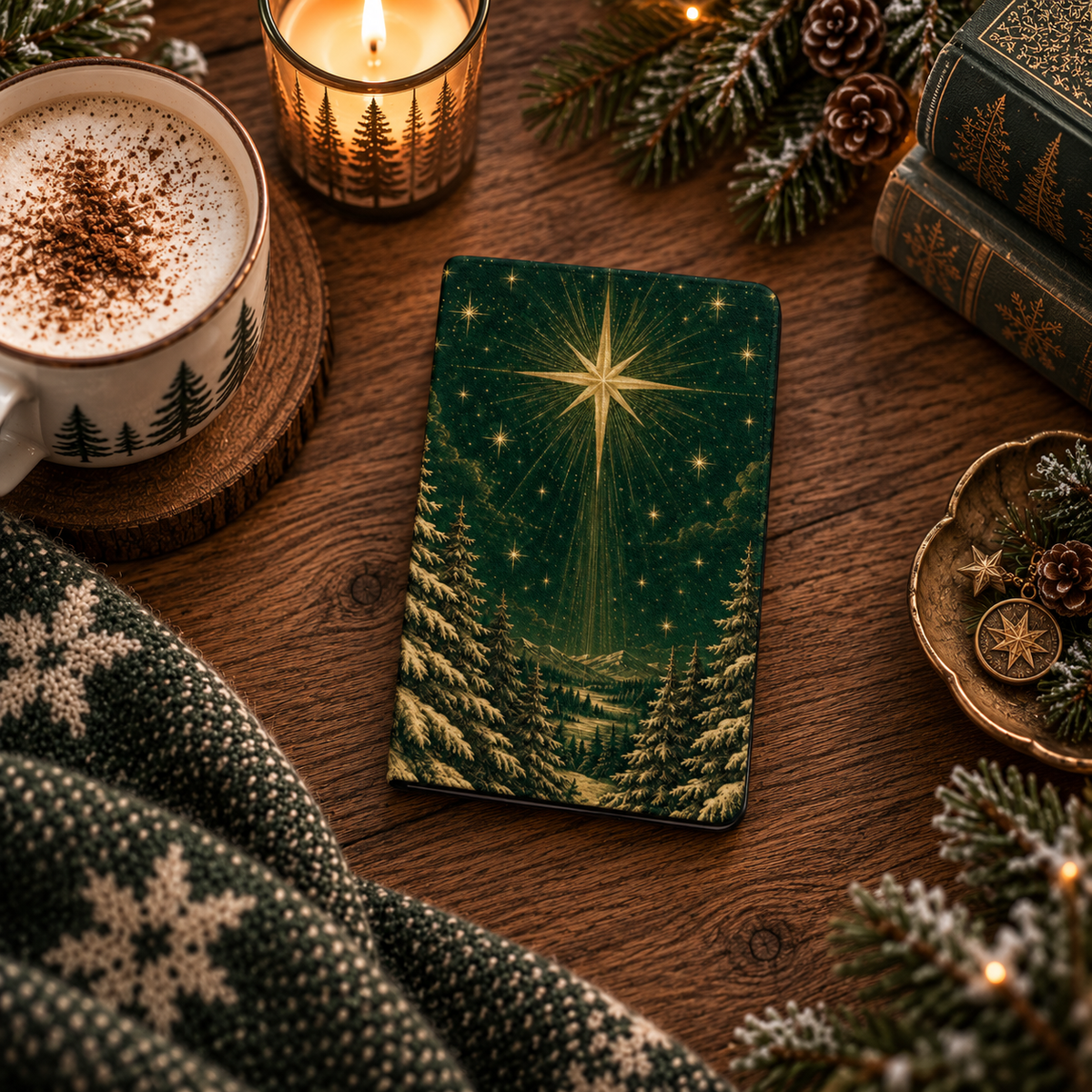 Christmas Star Kindle case styled with a candle, latte, pine cones and a Nordic knit