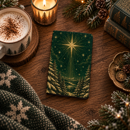 Christmas Star Kindle case styled with a candle, latte, pine cones and a Nordic knit