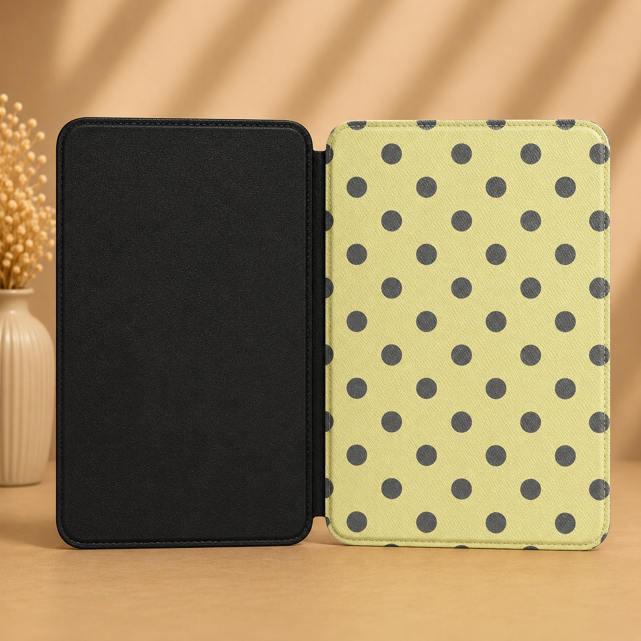 Pale citron charcoal polka dot Kindle Paperwhite case — Atelier mid-century gift for readers