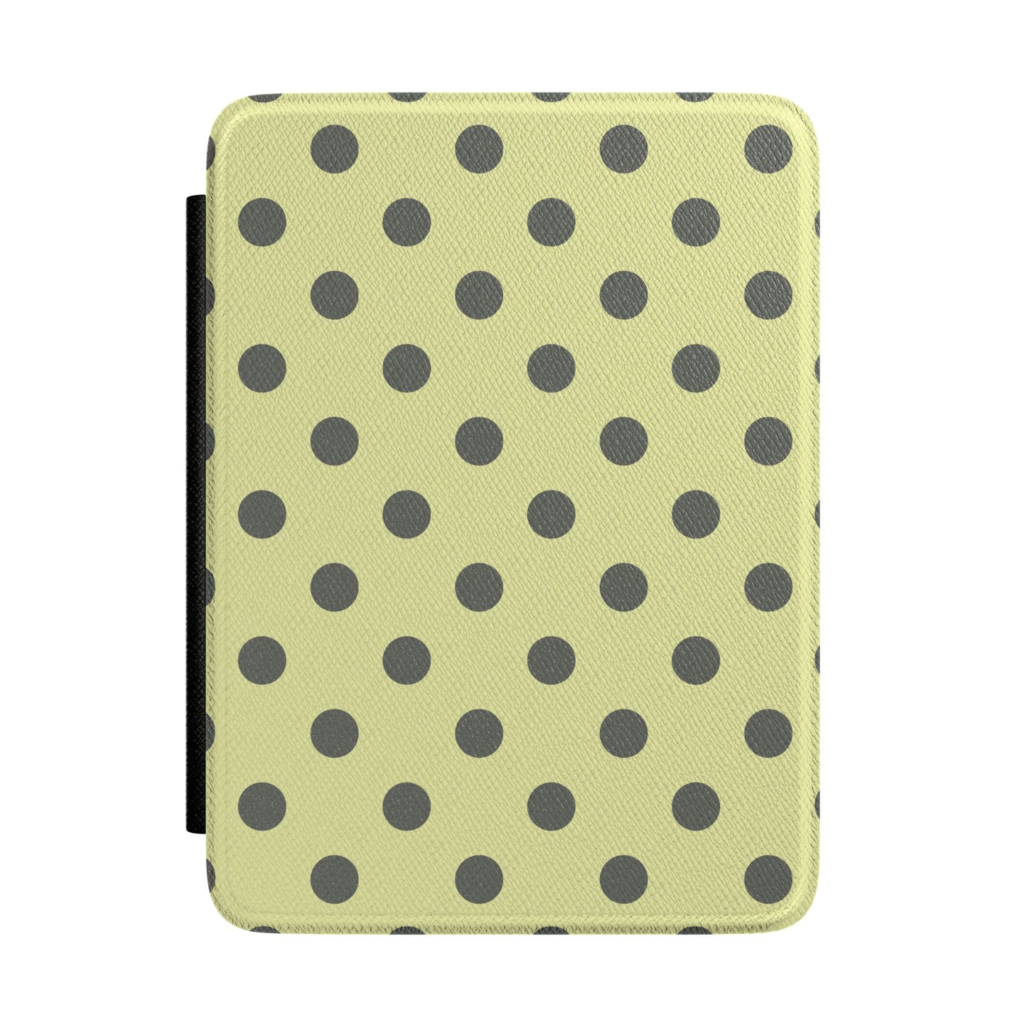 Pale citron Kindle Paperwhite case with bold charcoal polka dots front cover — Atelier mid-century gift