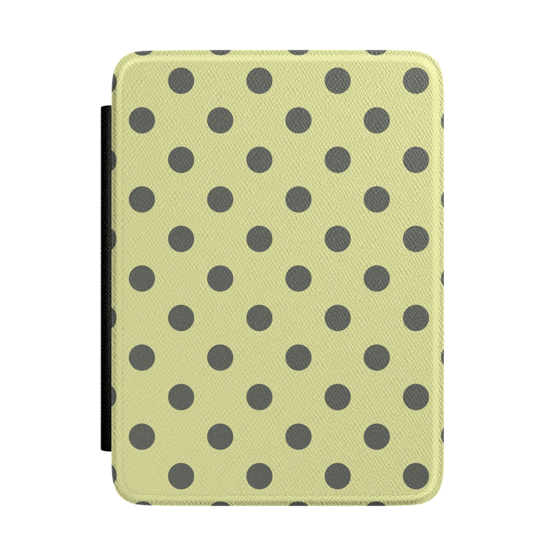 Pale citron Kindle Paperwhite case with bold charcoal polka dots front cover — Atelier mid-century gift