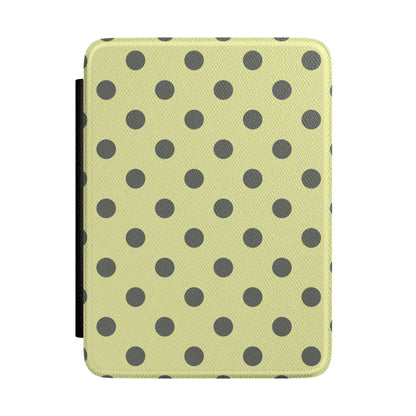 Pale citron Kindle Paperwhite case with bold charcoal polka dots front cover — Atelier mid-century gift