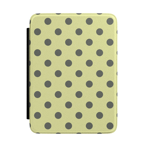 Pale citron Kindle Paperwhite case with bold charcoal polka dots front cover — Atelier mid-century gift
