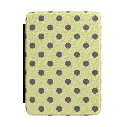 Pale citron Kindle Paperwhite case with bold charcoal polka dots front cover — Atelier mid-century gift