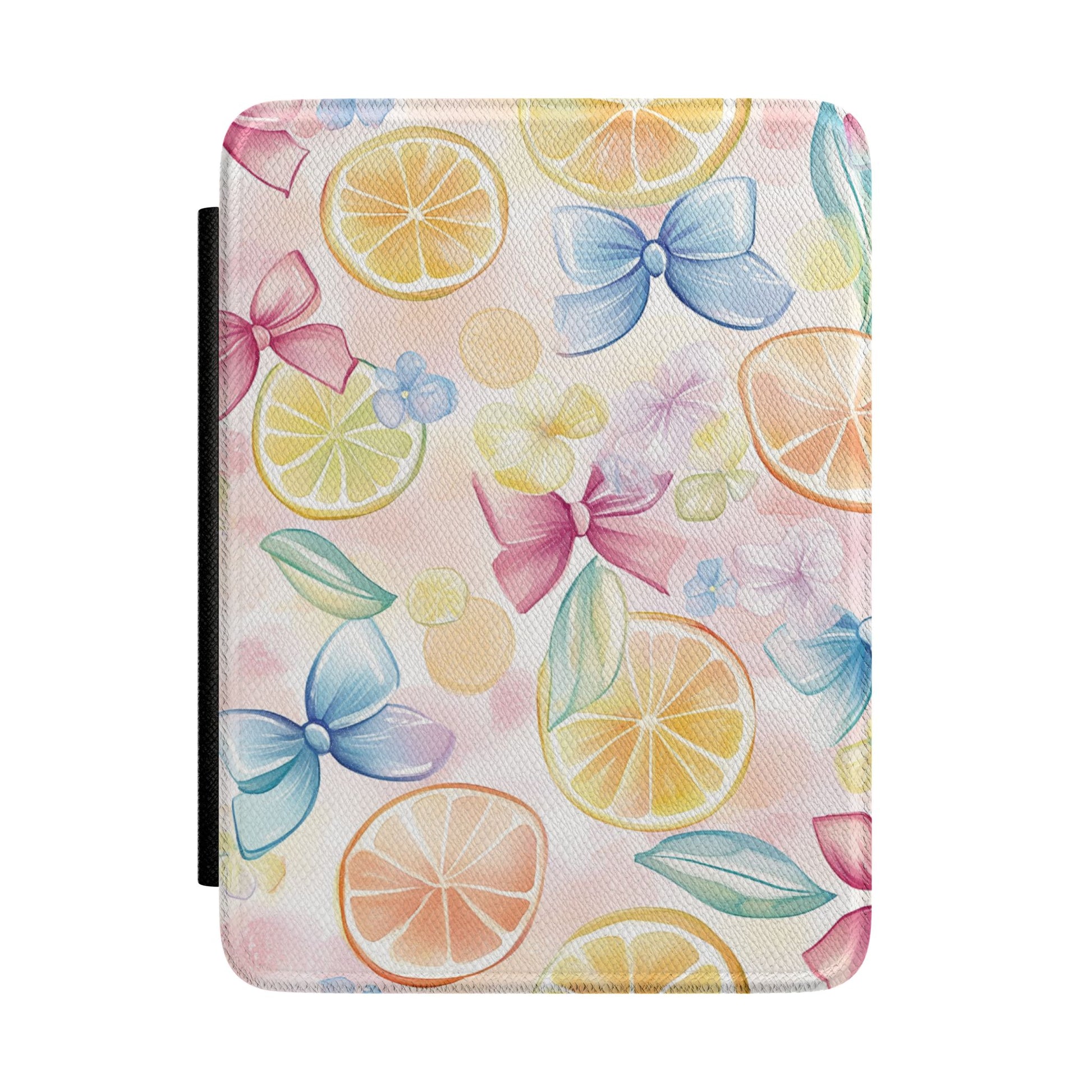 Soft pink Kindle Paperwhite case with watercolour citrus slices and pastel bows front cover — Coquette Reader summer gift