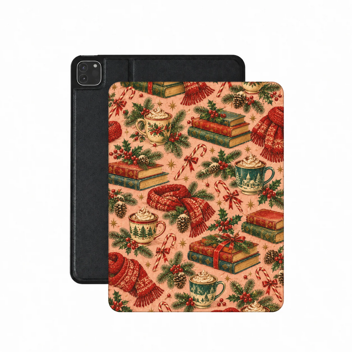 Cocoa & Books iPad case — mugs of cocoa, stacked books and red knitted scarves on blush pink, printed front cover over the plain black back