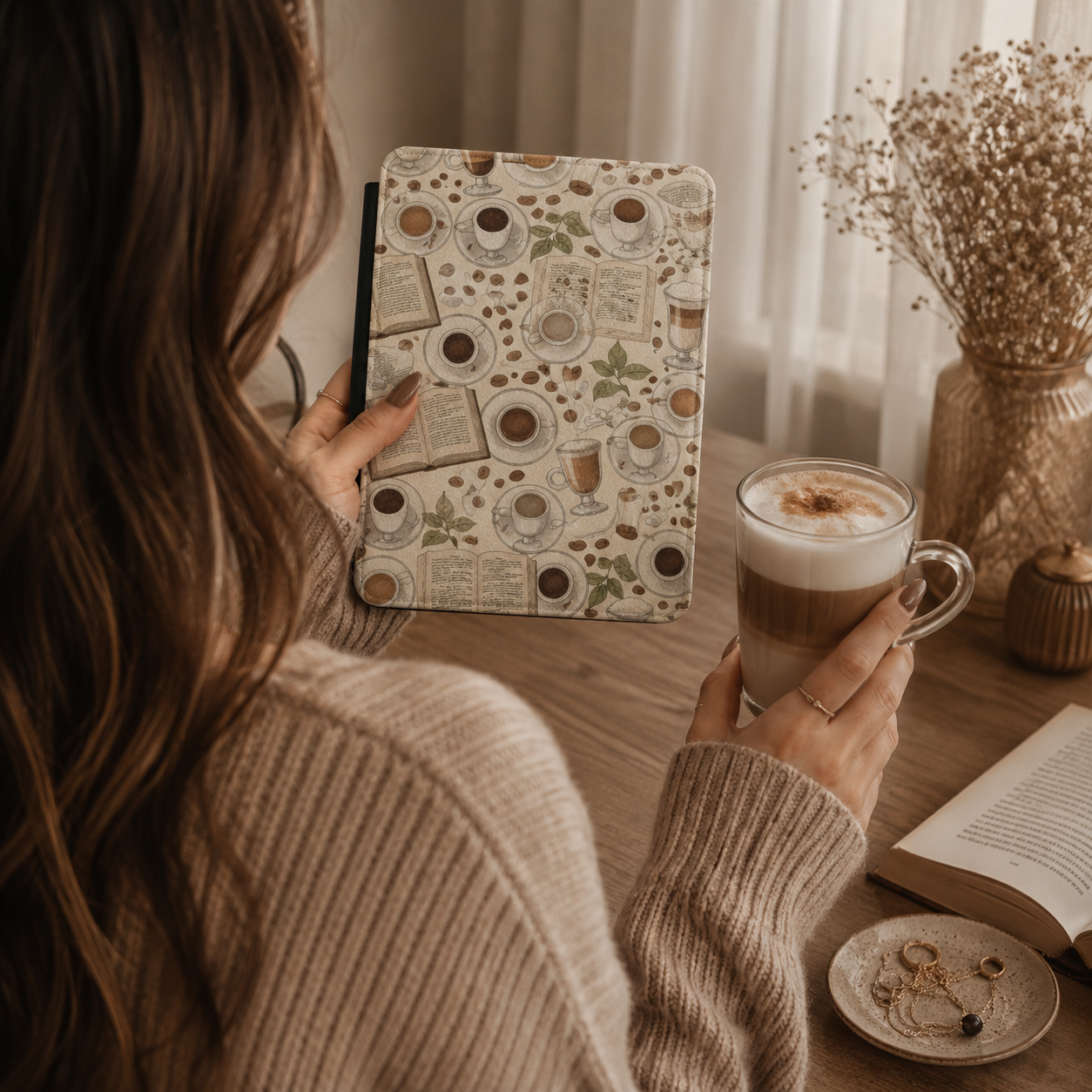 Close-up of Coffee and Books Saffiano Kindle case