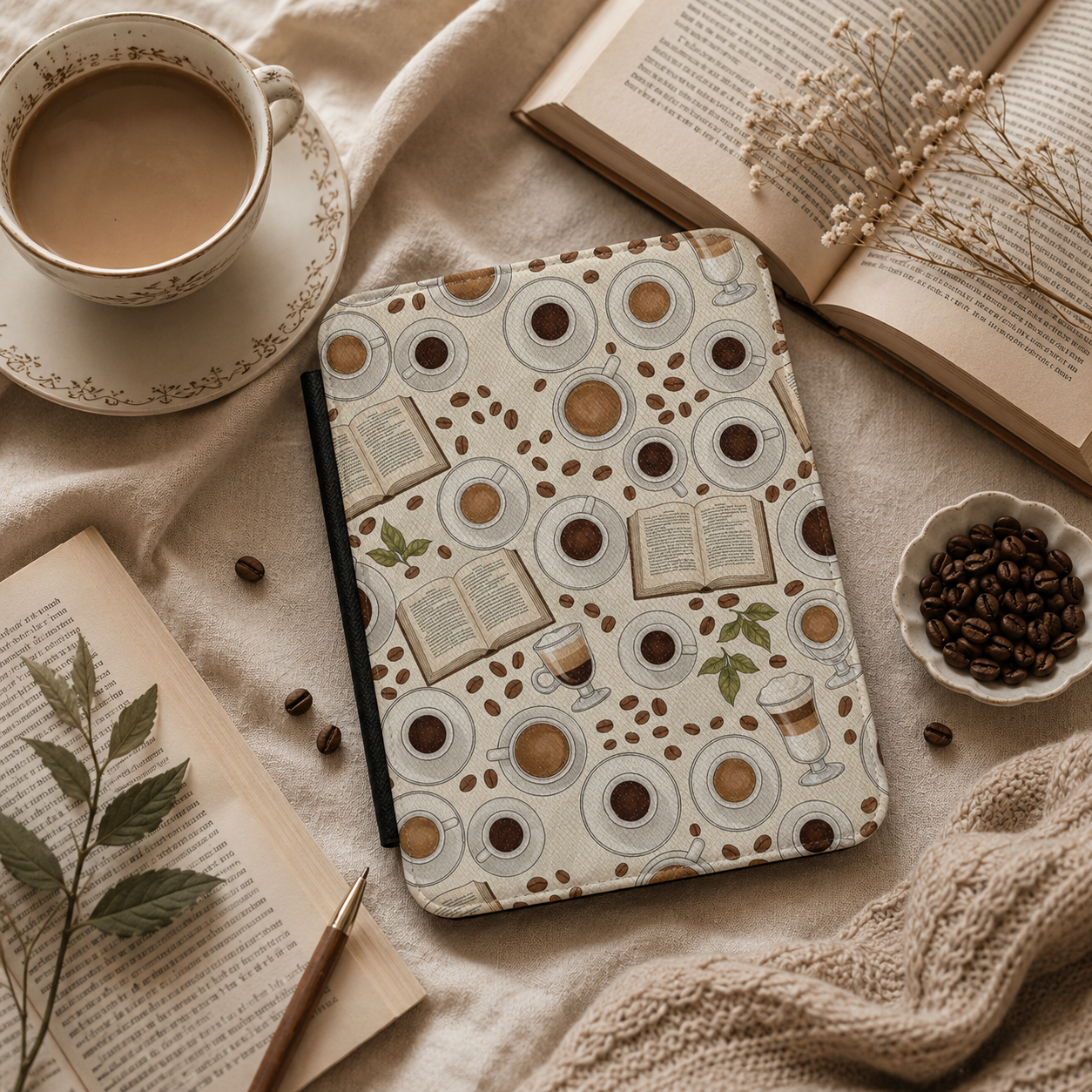 Coffee and Books Kindle case open showing e-ink Kindle on right interior panel