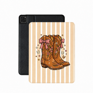 Coquette cowboy boots iPad case in tan vegan leather — striped western folio