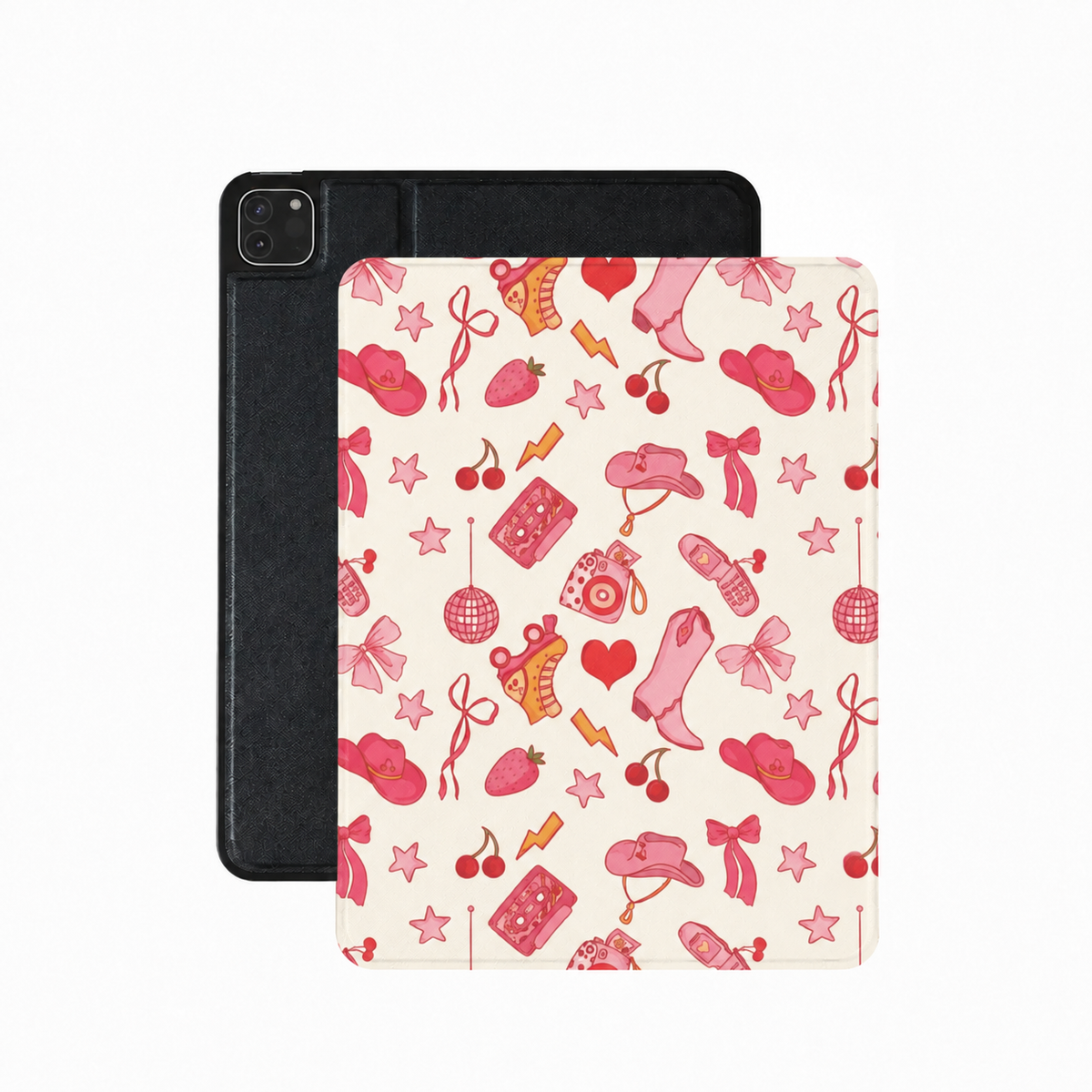 Coquette Cowgirl iPad case in cream vegan Saffiano leather — pink hats, bows and cherries
