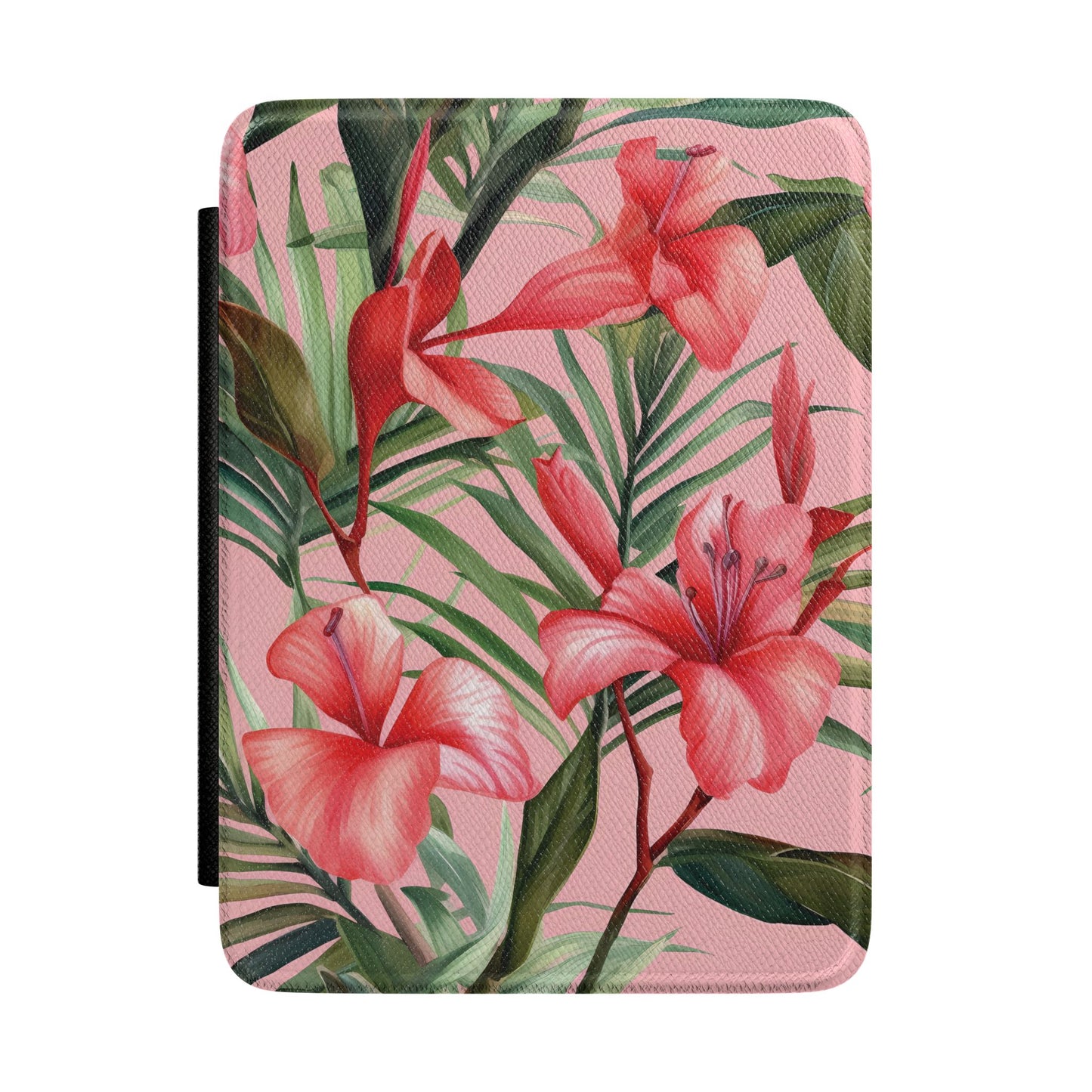 Rose pink Kindle Paperwhite case with coral hibiscus and palm leaves front cover — Atelier tropical gift