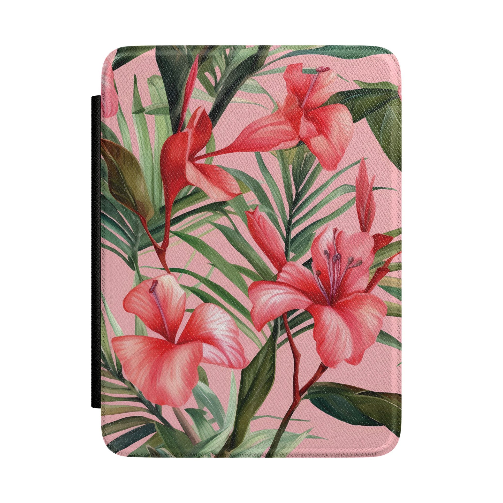 Rose pink Kindle Paperwhite case with coral hibiscus and palm leaves front cover — Atelier tropical gift