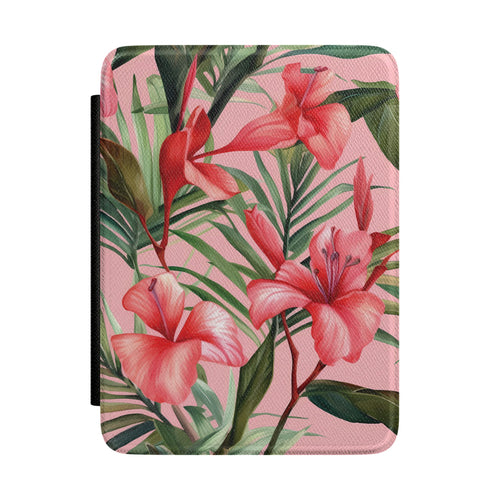 Rose pink Kindle Paperwhite case with coral hibiscus and palm leaves front cover — Atelier tropical gift