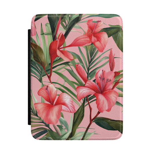 Rose pink Kindle Paperwhite case with coral hibiscus and palm leaves front cover — Atelier tropical gift