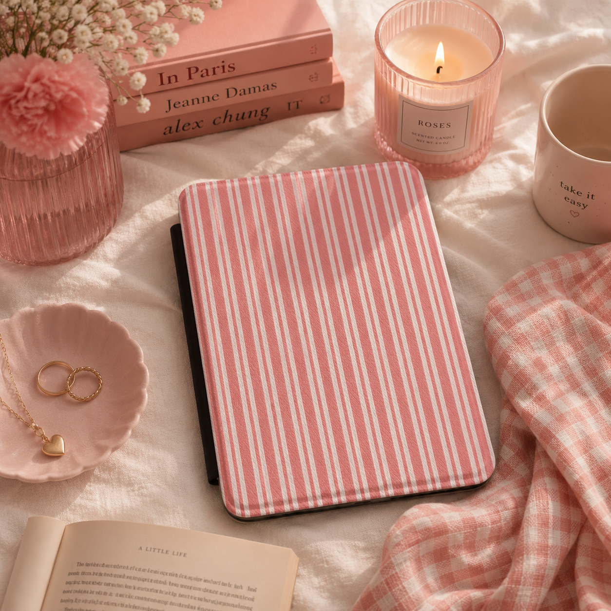 Coral ticking stripe Kindle case open showing black interior — Atelier retro red