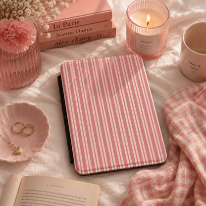 Coral ticking stripe Kindle case open showing black interior — Atelier retro red