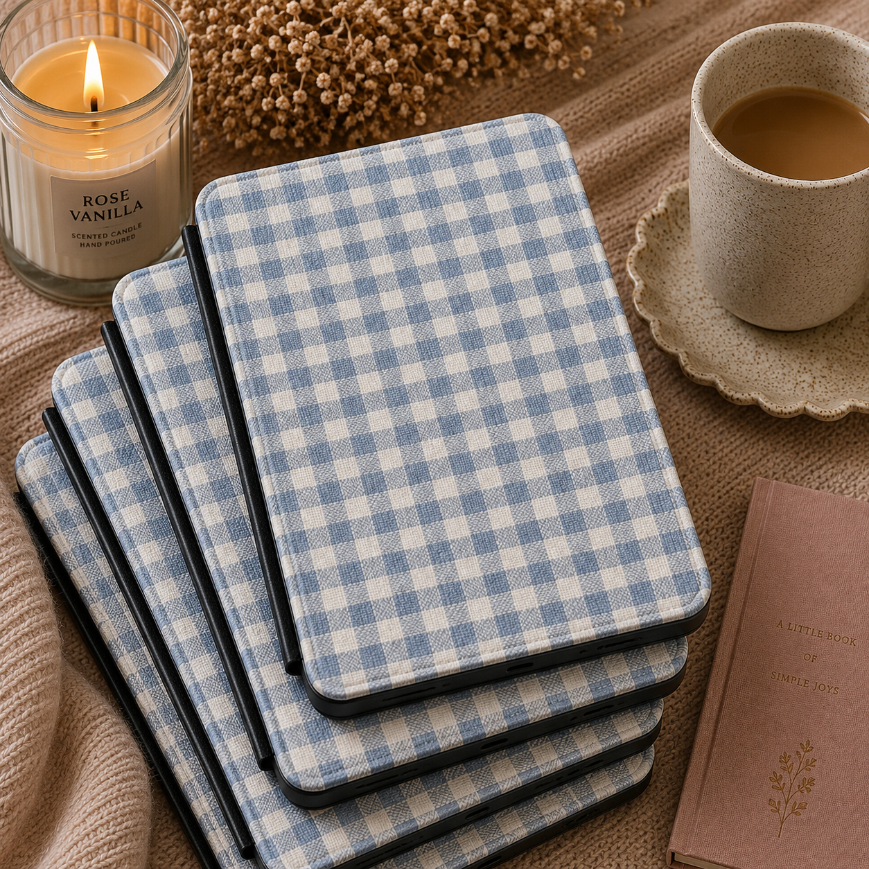 Cornflower blue gingham Kindle case shown at an angle