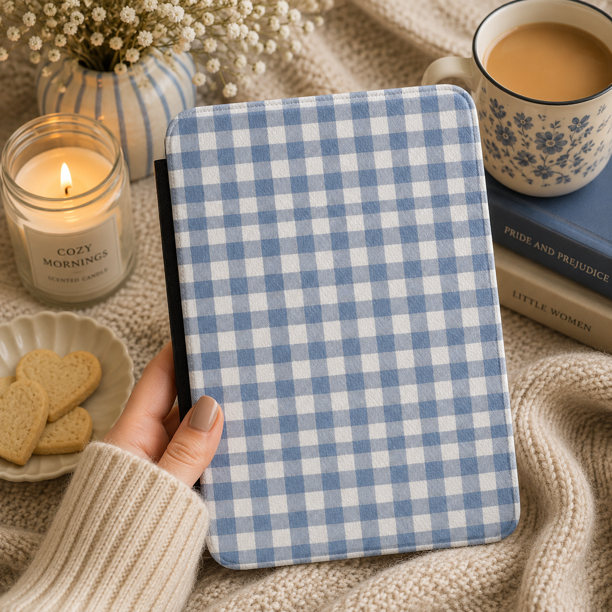 Close-up of cornflower blue gingham Saffiano Kindle case texture