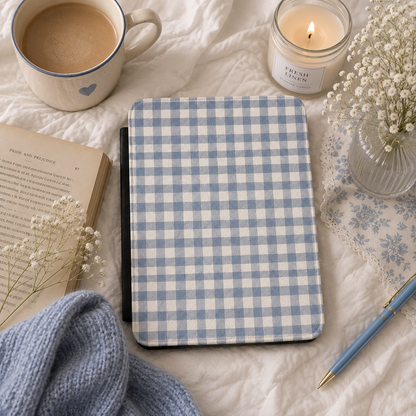 Blue gingham Kindle case front cover in cornflower and cream — cottage check