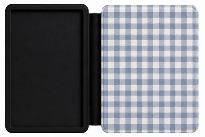 Cornflower blue gingham Kindle case open showing e-ink Kindle on right interior panel