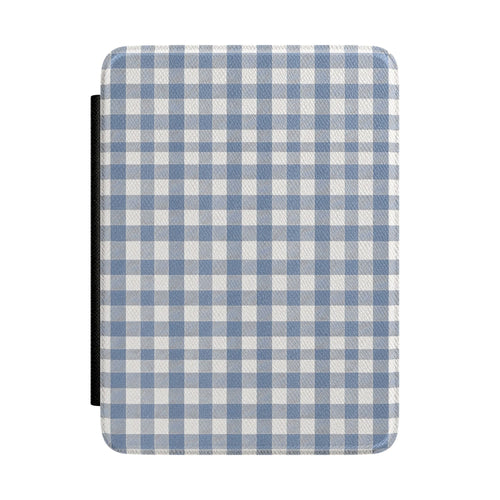 Blue gingham Kindle case in cornflower and cream Saffiano — timeless cottage check, Quiet Bookish gift for her