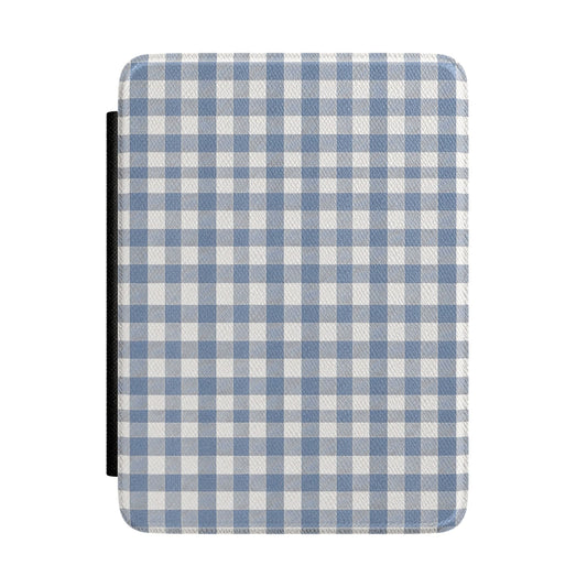 Blue gingham Kindle case in cornflower and cream Saffiano — timeless cottage check, Quiet Bookish gift for her