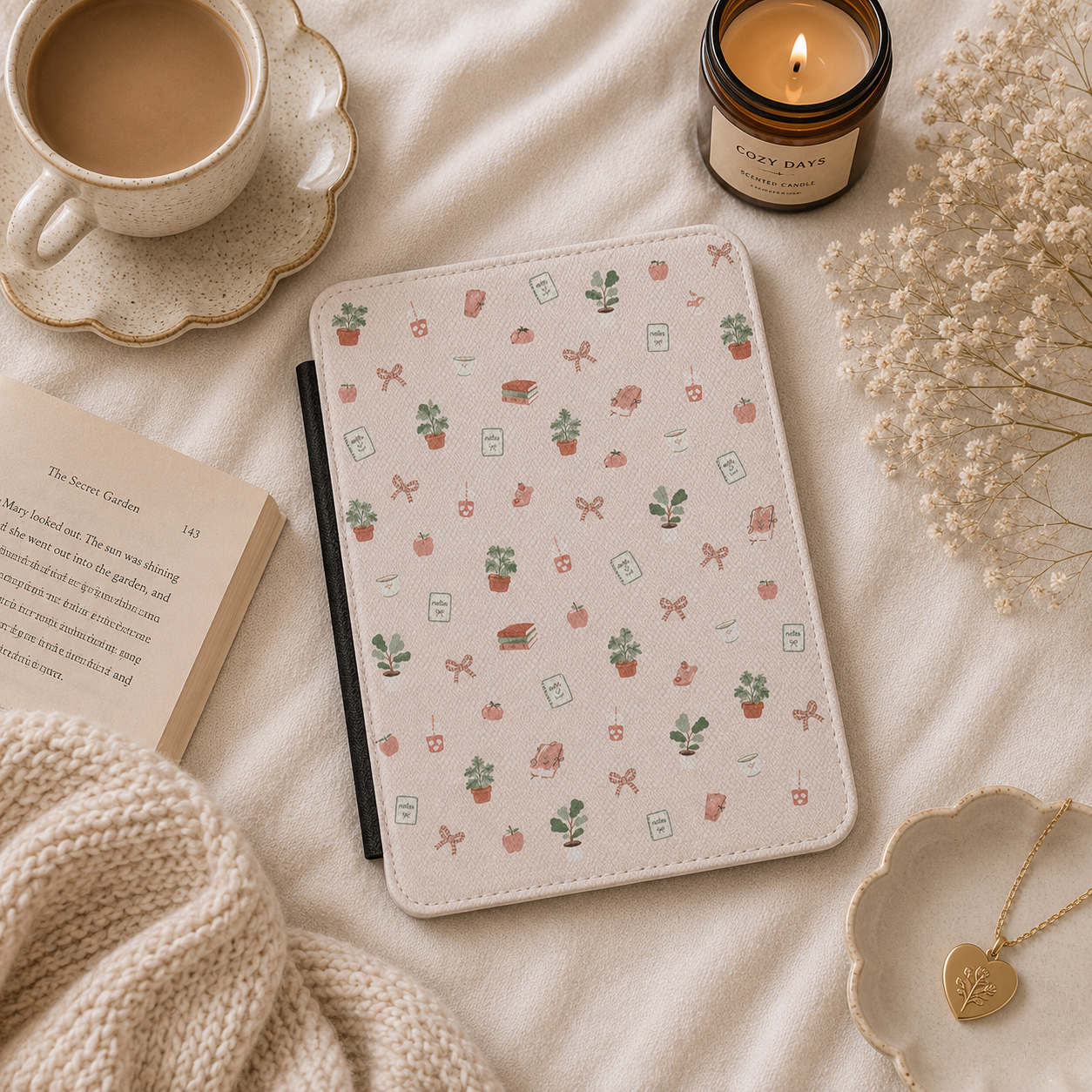 Cottage Bookish Doodle Kindle case front cover — cottage bookish doodle print