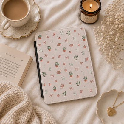 Cottage Bookish Doodle Kindle case front cover — cottage bookish doodle print