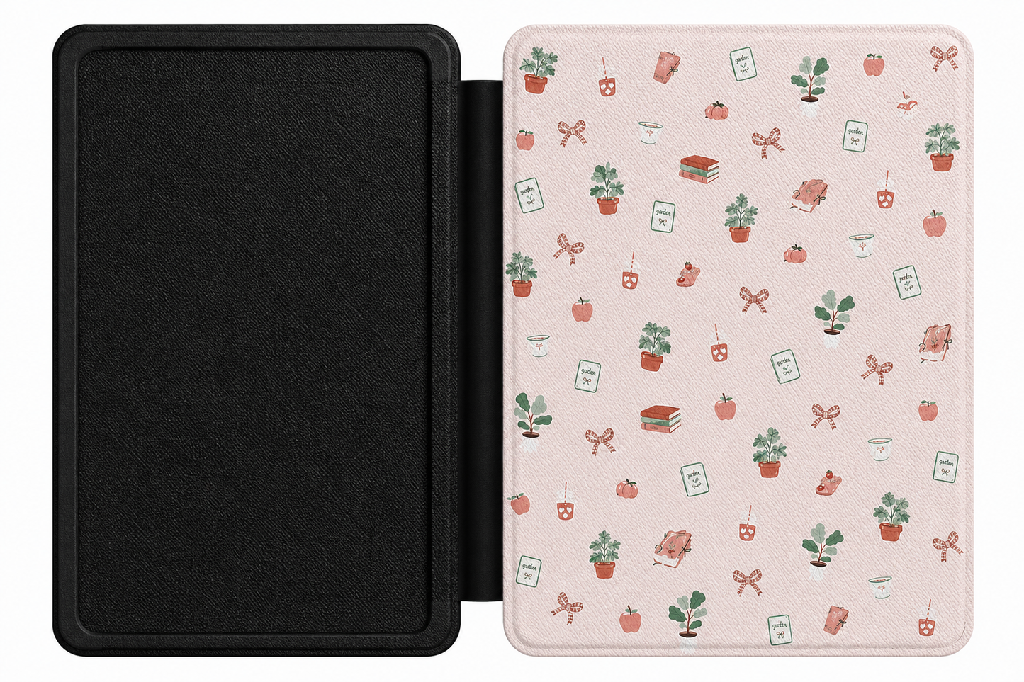 Cottage Bookish Doodle Kindle case open showing e-ink Kindle on right interior panel