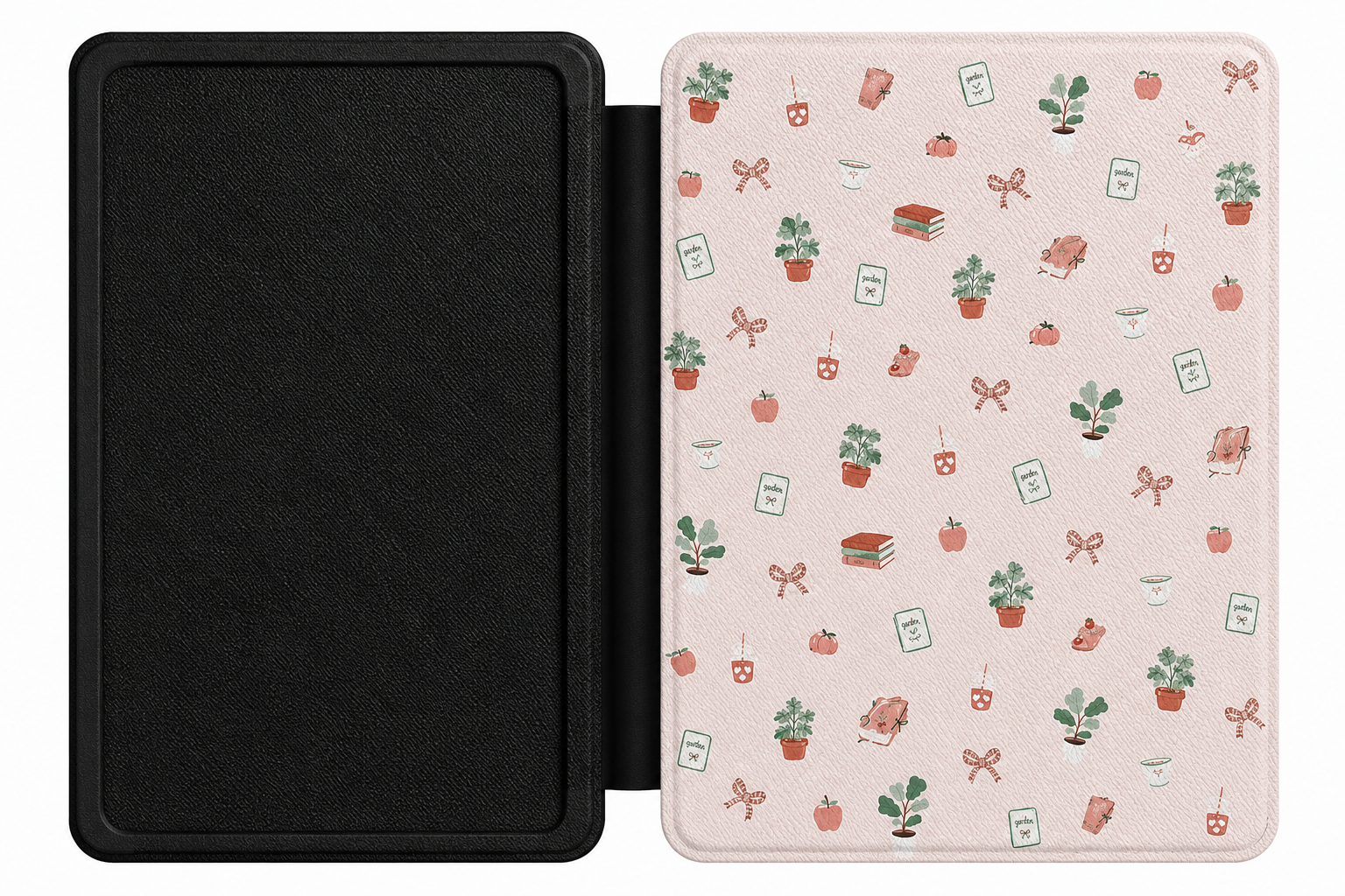Cottage Bookish Doodle Kindle case open showing e-ink Kindle on right interior panel