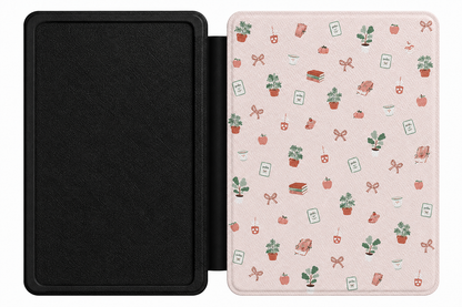 Cottage Bookish Doodle Kindle case open showing e-ink Kindle on right interior panel