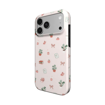 Cottage Bookish Doodle phone case – MagSafe iPhone case, angled view