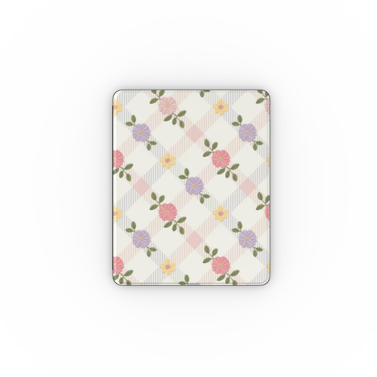 Cottage floral lattice iPad case open, showing the stand fold and interior