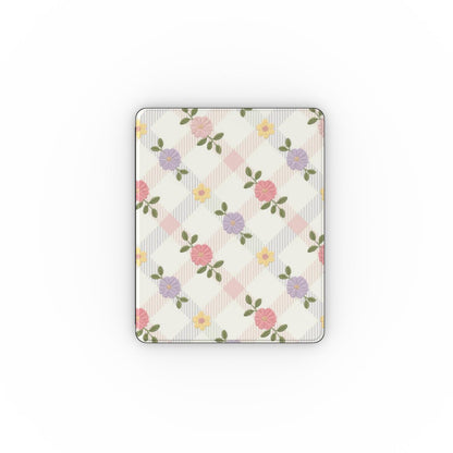 Cottage floral lattice iPad case open, showing the stand fold and interior