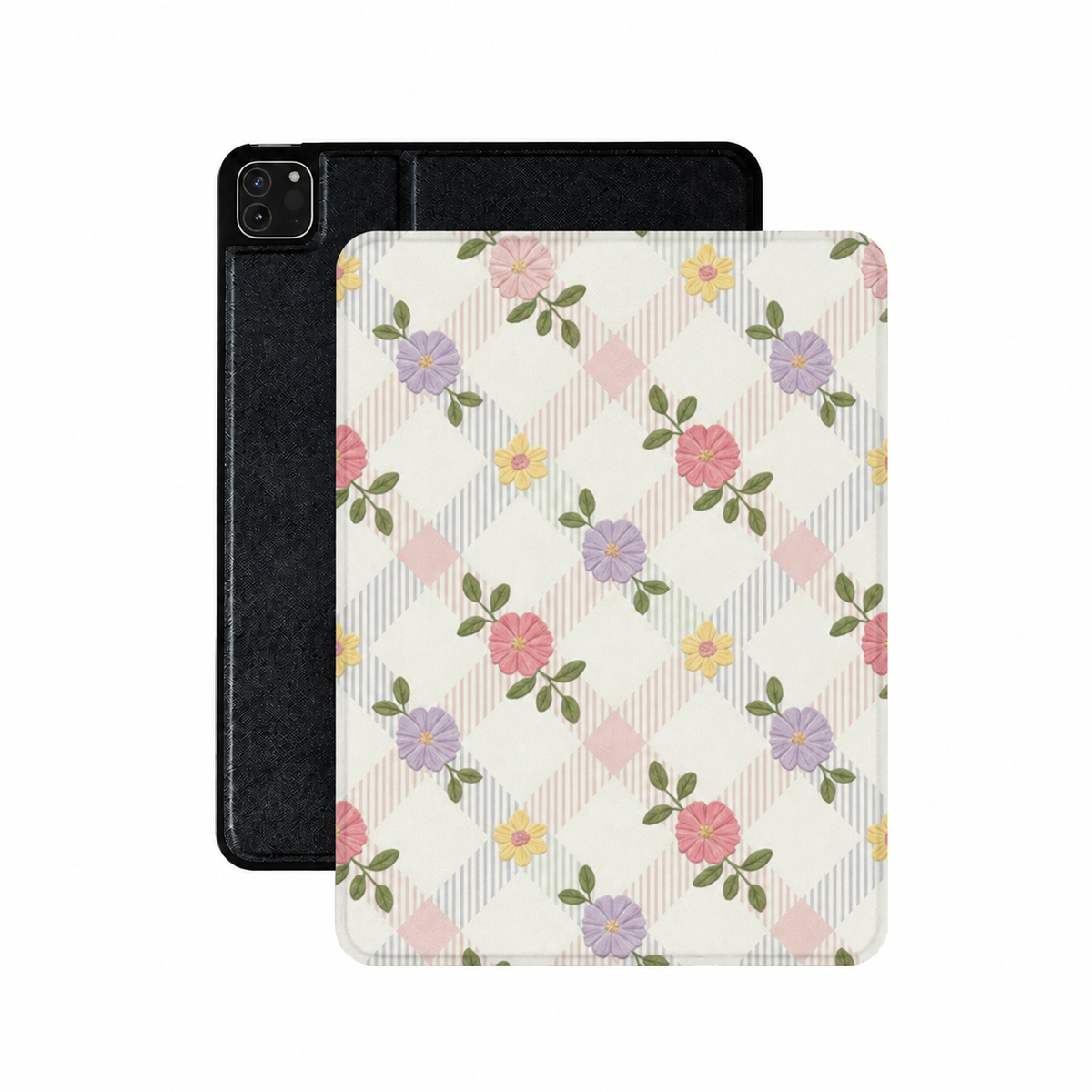 Pastel floral lattice iPad case in cream vegan Saffiano leather — cottage check folio