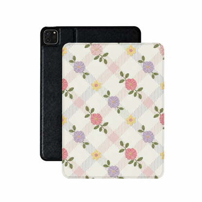 Pastel floral lattice iPad case in cream vegan Saffiano leather — cottage check folio