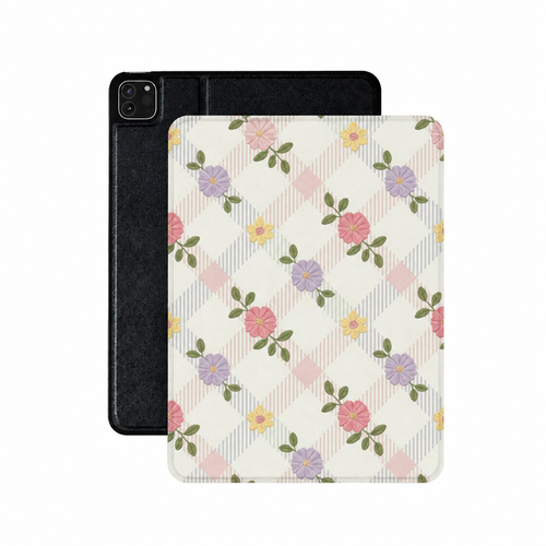 Pastel floral lattice iPad case in cream vegan Saffiano leather — cottage check folio