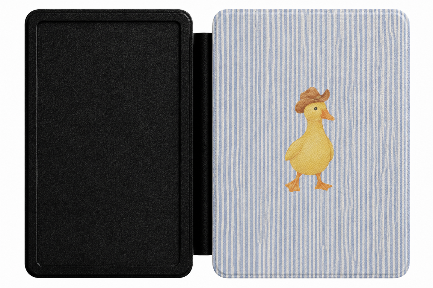 Cowboy Duck Kindle case open showing e-ink Kindle on right interior panel