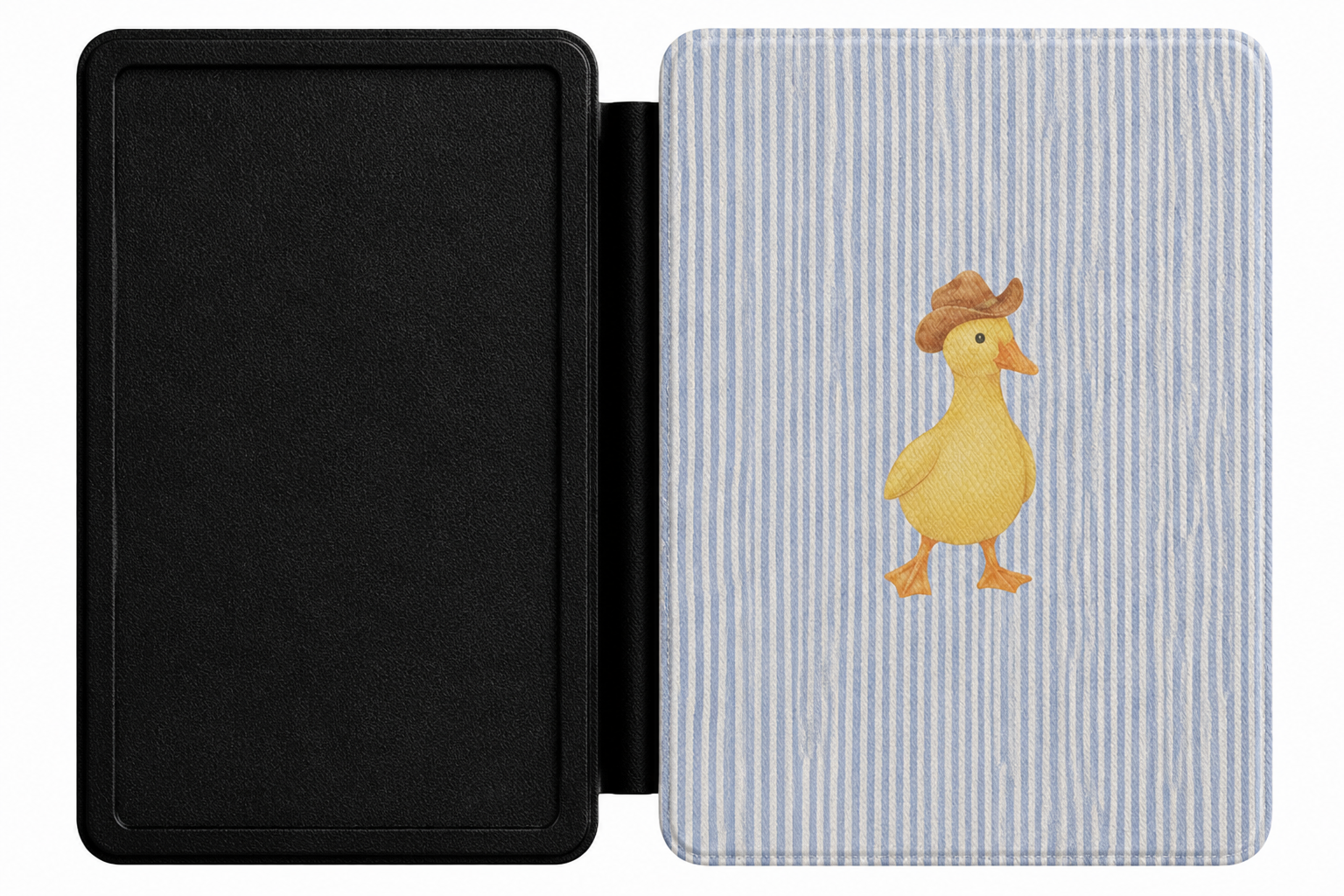 Cowboy Duck Kindle case open showing e-ink Kindle on right interior panel