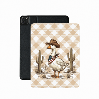 Cowboy goose iPad case in tan argyle vegan Saffiano leather — western goose and cacti print
