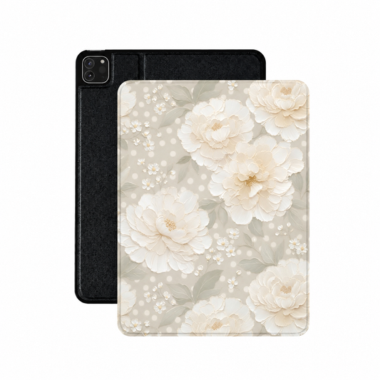 Cream peony iPad case in ivory florals on warm greige vegan Saffiano leather