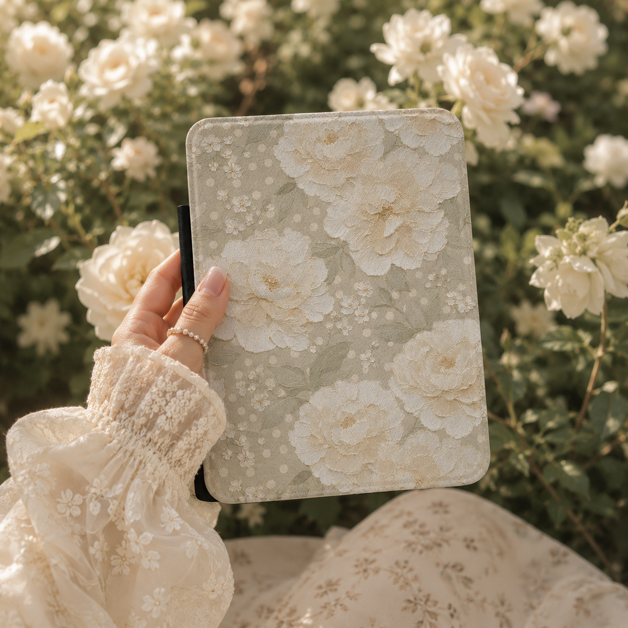Cream peony Kindle case front cover close-up — Jardin Secret antique floral print