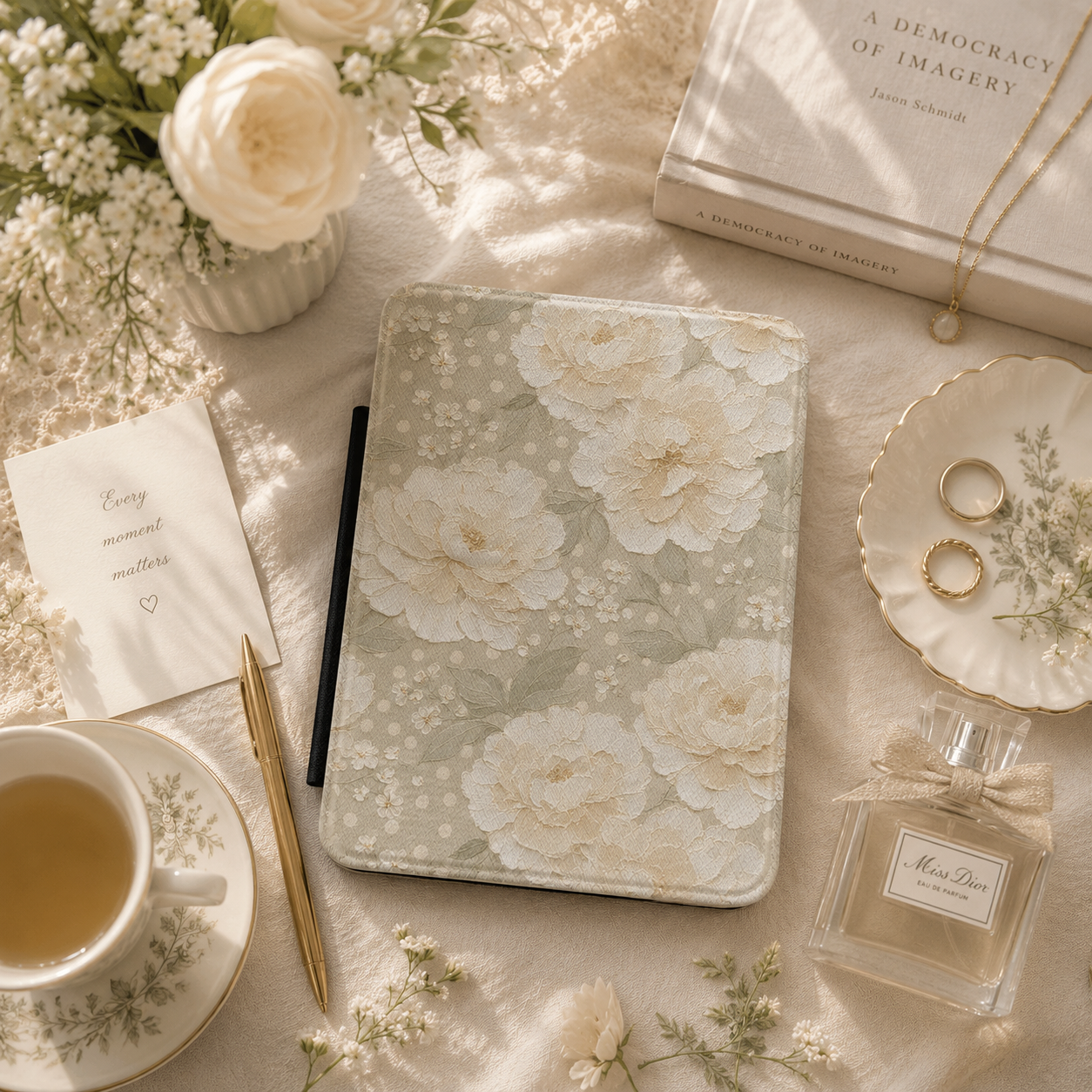 Soft taupe Kindle Paperwhite case with cream peonies — Jardin Secret antique floral gift for readers