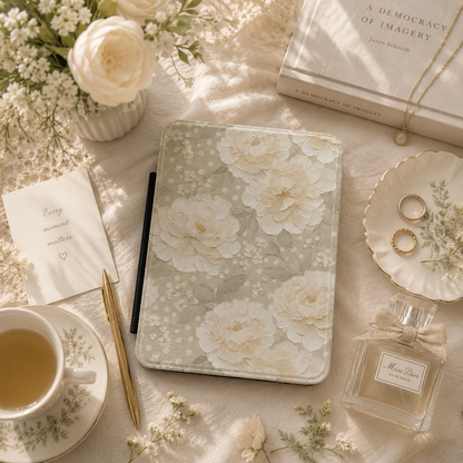 Soft taupe Kindle Paperwhite case with cream peonies — Jardin Secret antique floral gift for readers