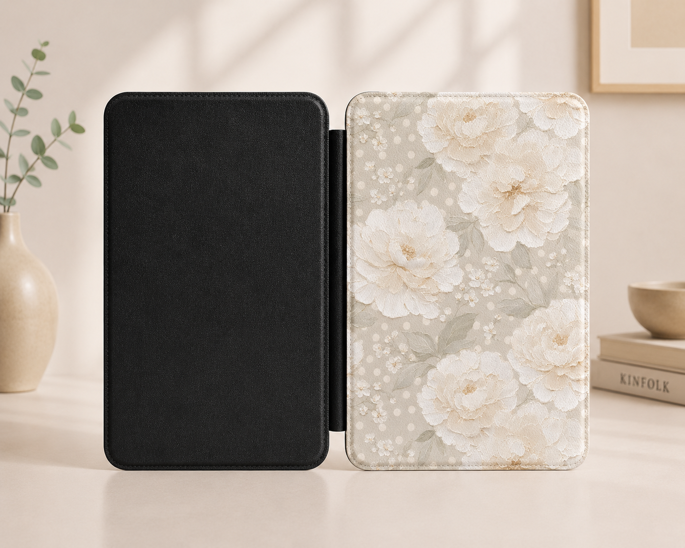 Cream peony Kindle case open showing black interior — Jardin Secret antique floral