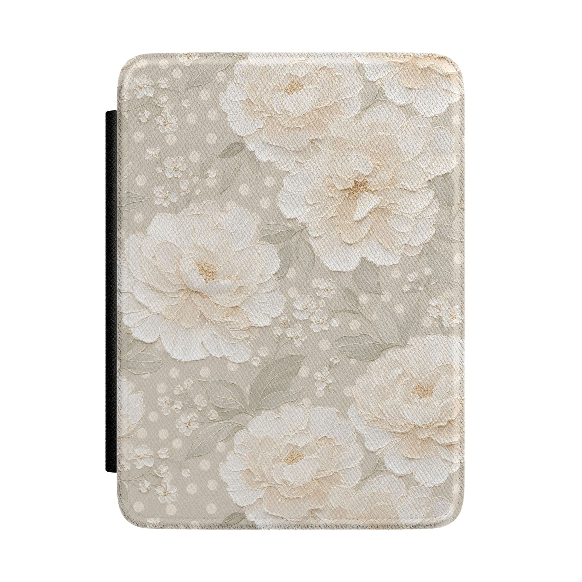 Soft taupe Kindle Paperwhite case with cream peonies front cover — Jardin Secret antique floral gift